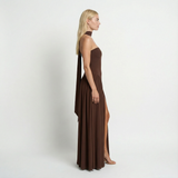 Strapless Maxi Dress – Fitted Bodice, High Slit, Asymmetric Waist