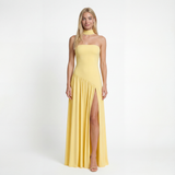 Strapless Maxi Dress – Fitted Bodice, High Slit, Asymmetric Waist