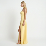 Strapless Maxi Dress – Fitted Bodice, High Slit, Asymmetric Waist