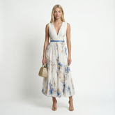 Floral Chiffon Midi Dress – V-Neck, A-Line, Plisse Pleats