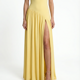 Strapless Maxi Dress – Fitted Bodice, High Slit, Asymmetric Waist