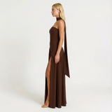 Strapless Maxi Dress – Fitted Bodice, High Slit, Asymmetric Waist