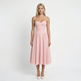 Pink Corset Midi Dress – A-Line, Adjustable Straps, Wedding Guest Evening