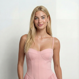 Pink Corset Midi Dress – A-Line, Adjustable Straps, Wedding Guest Evening