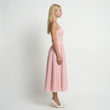 Pink Corset Midi Dress – A-Line, Adjustable Straps, Wedding Guest Evening