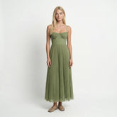 Pleated Fit and Flare Midi Dress – Round Neck, Defined Waist, Elegant Womens