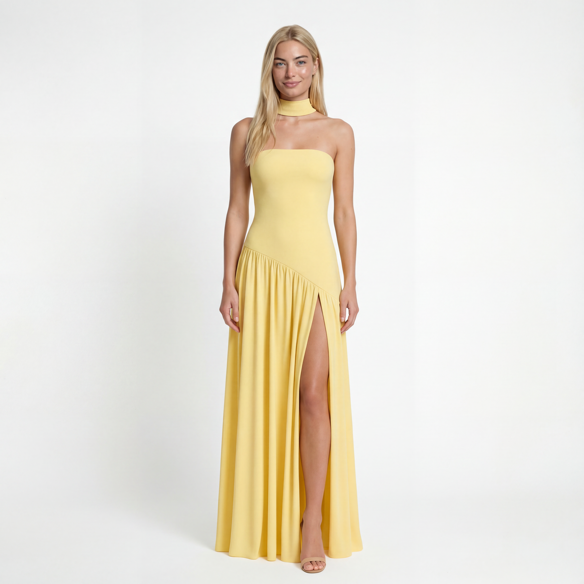 Strapless Maxi Dress – Fitted Bodice, High Slit, Asymmetric Waist