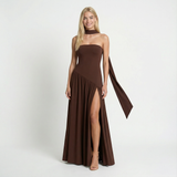 Strapless Maxi Dress – Fitted Bodice, High Slit, Asymmetric Waist