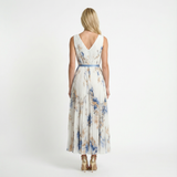 Floral Chiffon Midi Dress – V-Neck, A-Line, Plisse Pleats