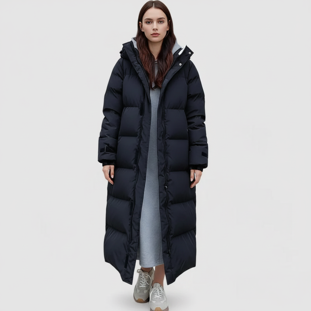 Women's Black Long Hooded Waterproof Puffer Parka
