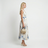 Floral Chiffon Midi Dress – V-Neck, A-Line, Plisse Pleats
