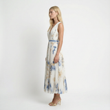 Floral Chiffon Midi Dress – V-Neck, A-Line, Plisse Pleats