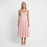 Pink Corset Midi Dress – A-Line, Adjustable Straps, Wedding Guest Evening