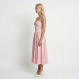 Pink Corset Midi Dress – A-Line, Adjustable Straps, Wedding Guest Evening