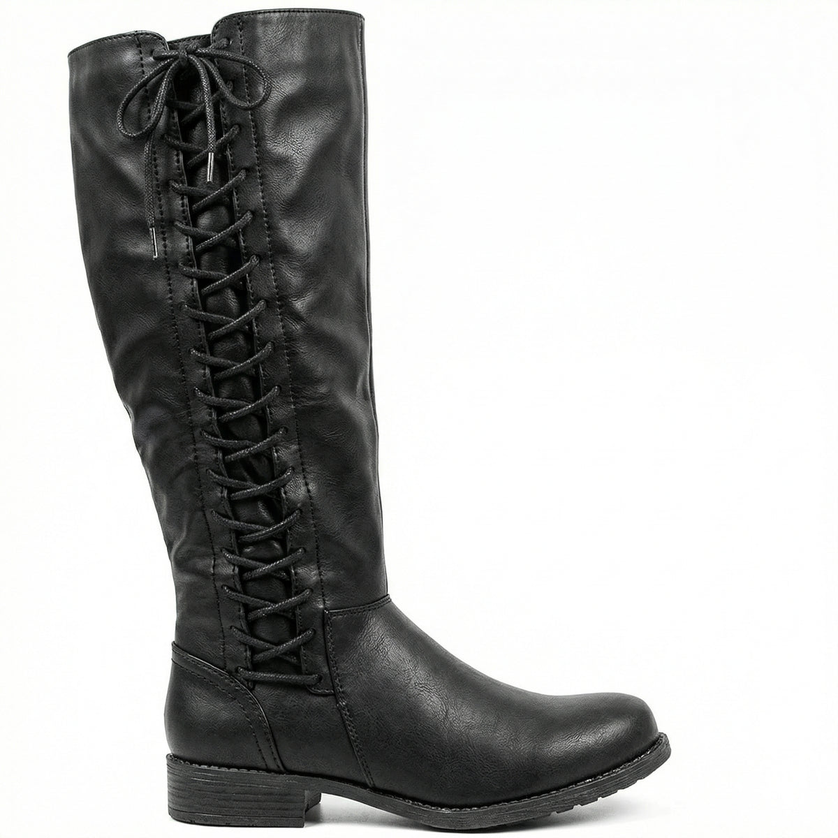 Black Leather High Boots – Low Block Heel, Non-Slip Sole, Cosy Lining