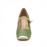 Gold Square Toe Heels – Pearl Strap, Floral Fabric, Cushioned Insole