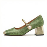 Gold Square Toe Heels – Pearl Strap, Floral Fabric, Cushioned Insole