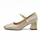 Gold Square Toe Heels – Pearl Strap, Floral Fabric, Cushioned Insole